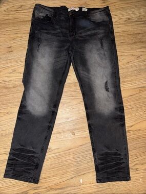 Akademiks Jeanius 38x32 Black Washed Distressed Jeans Streetwear